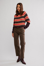 Free People Frankie Cable Striped Pullover Sweater - Chocolate Combo