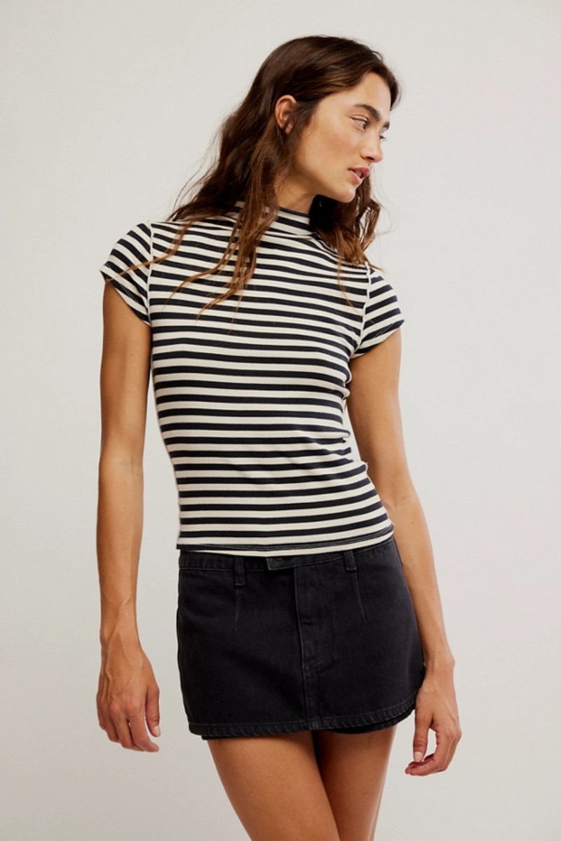 Free People Lola Tee - Black + White Stripe