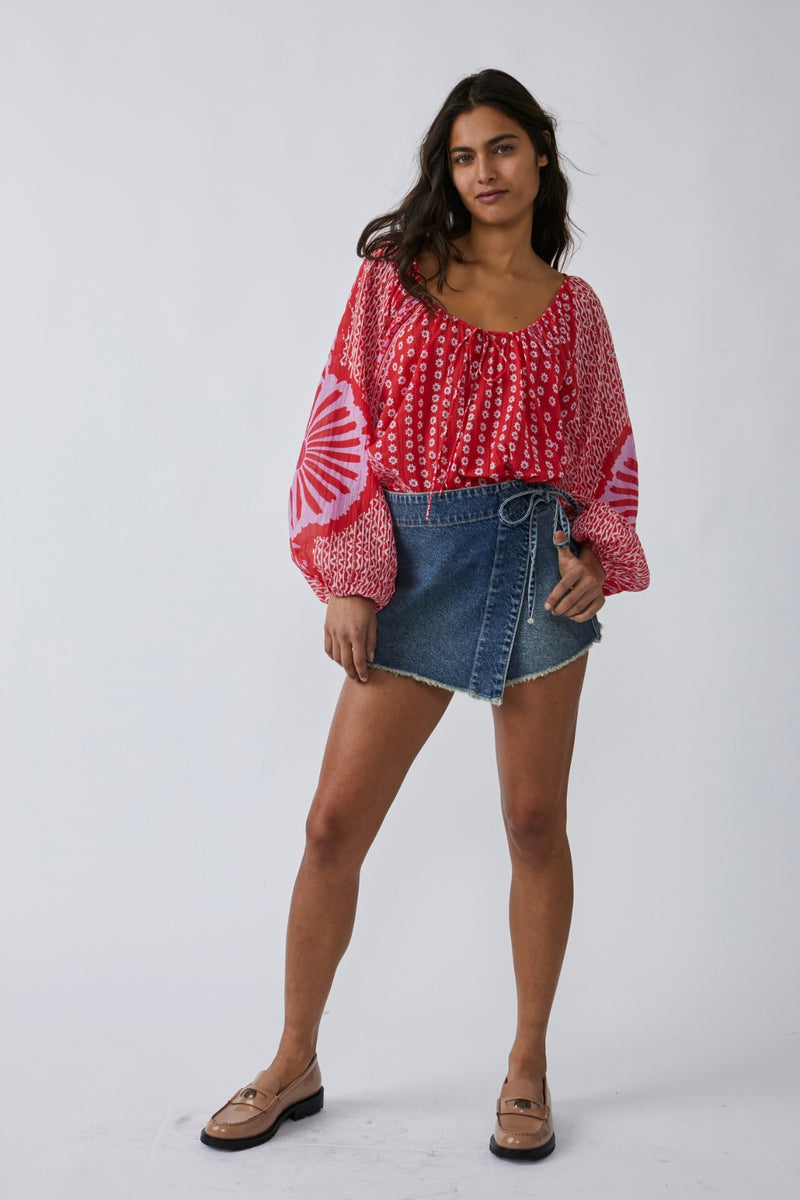 Free People Elena Printed Blouse - Red Combo