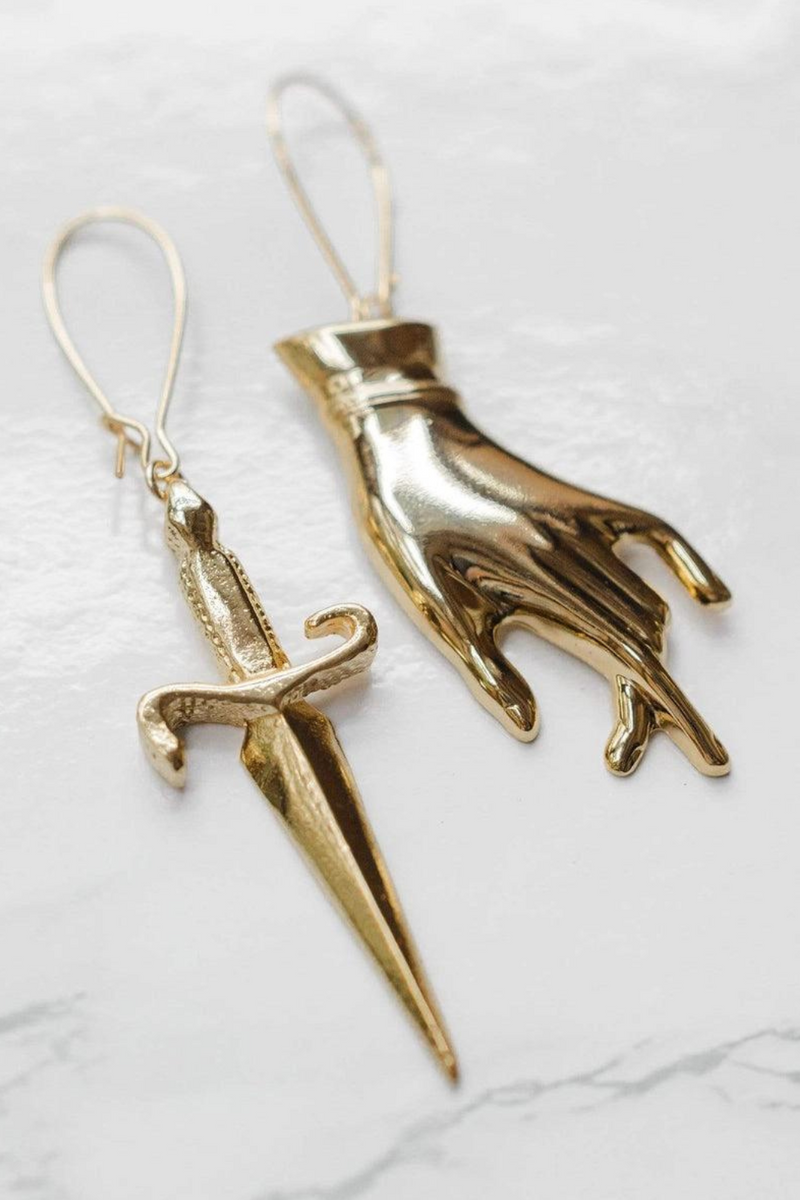 Ravenstone Hand and Dagger Earrings - Gold