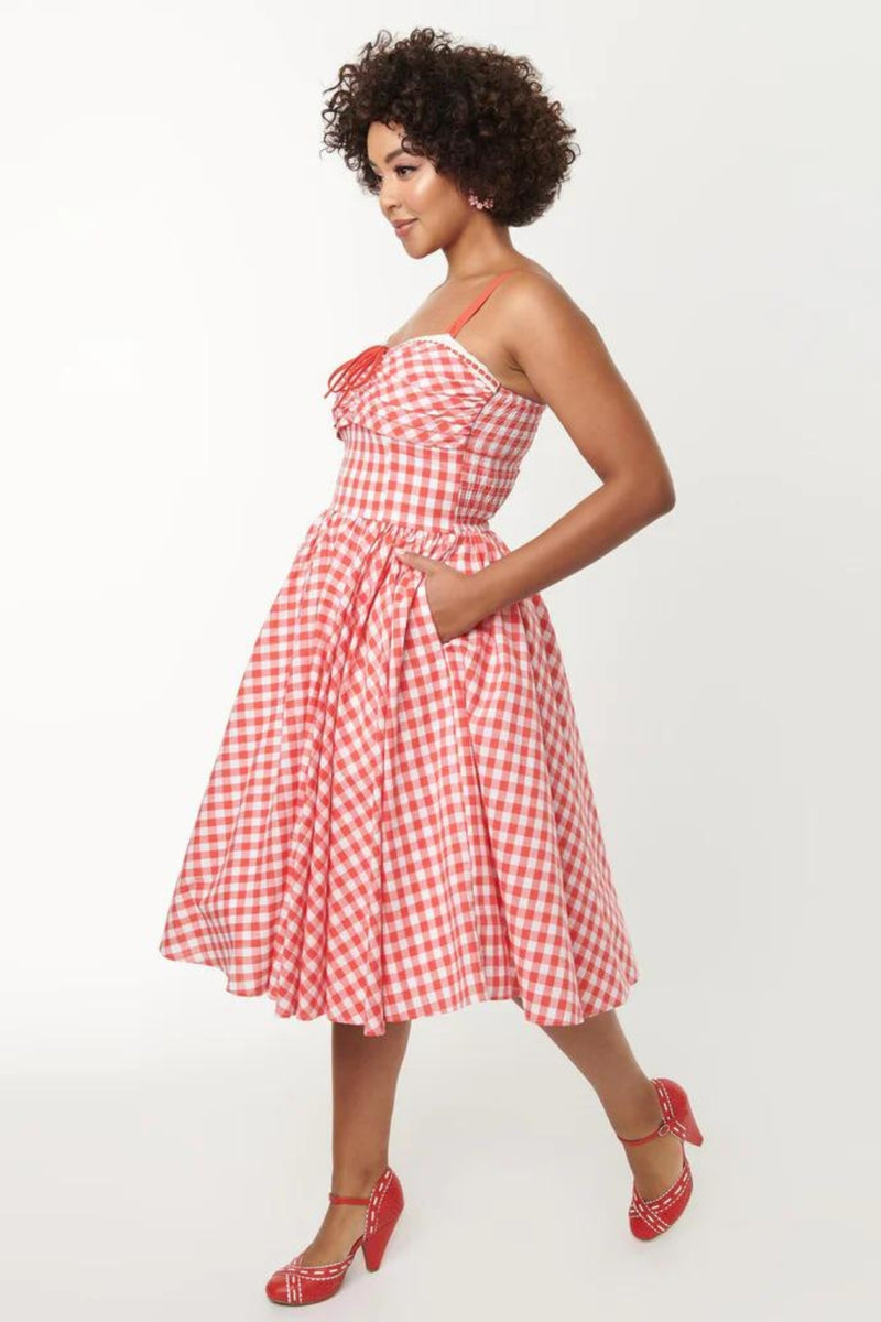 Unique Vintage Golightly Swing Dress - Red Coral