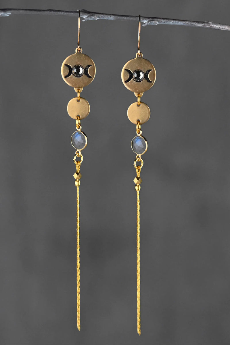 KBD Studio Moon Phase w Semi Precious & Gold Delicate Tassel Earrings - Crystal