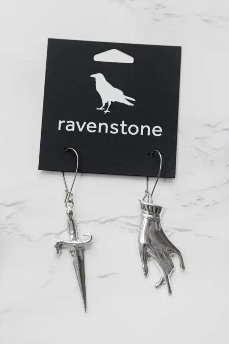 Ravenstone Hand and Dagger Earrings - Silver