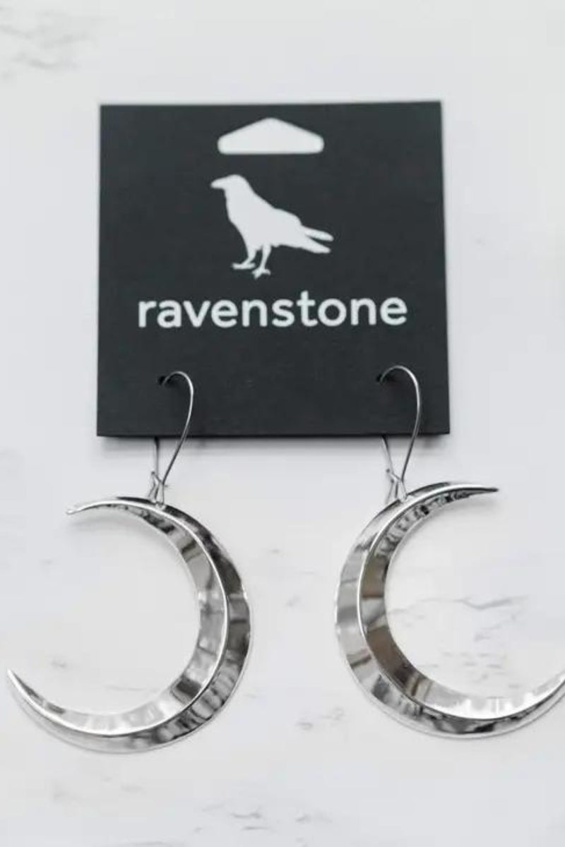 Ravenstone Big Crescent Moon Earrings - Silver